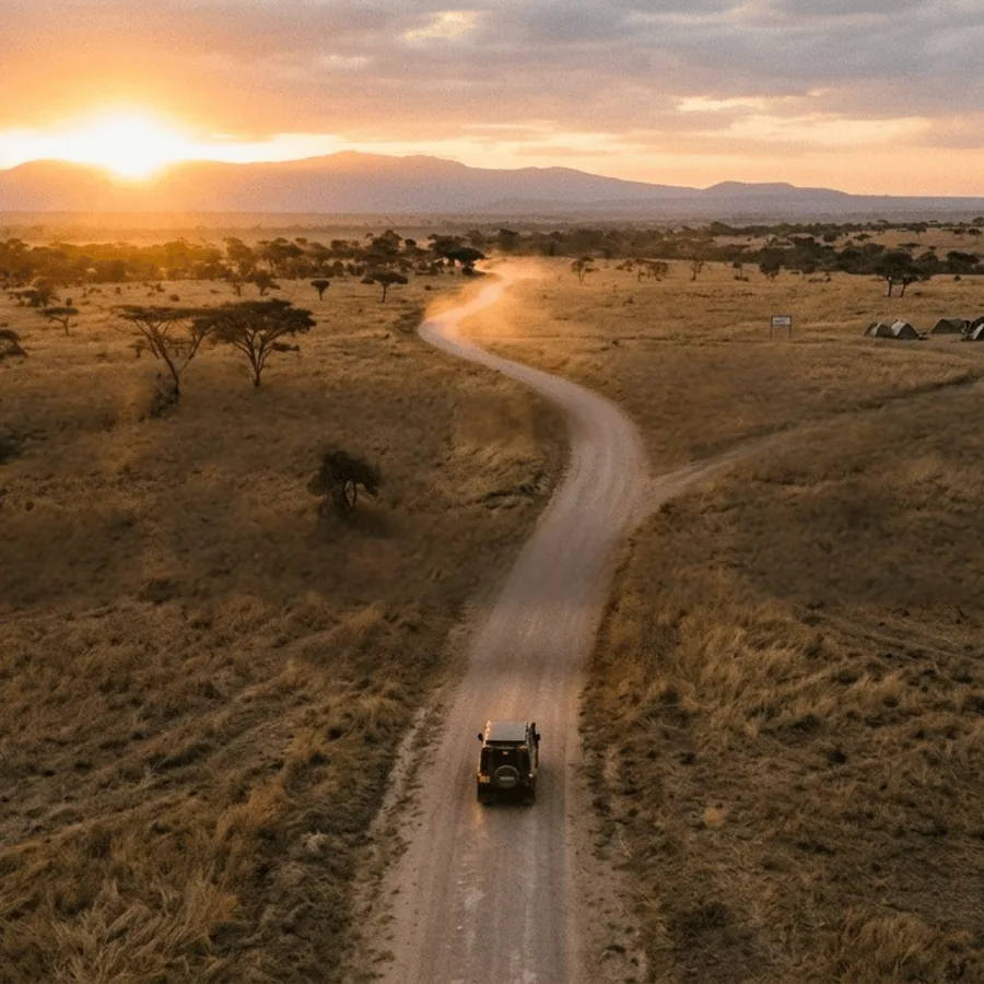 A lone vehicle driving a winding road toward the sunrise
