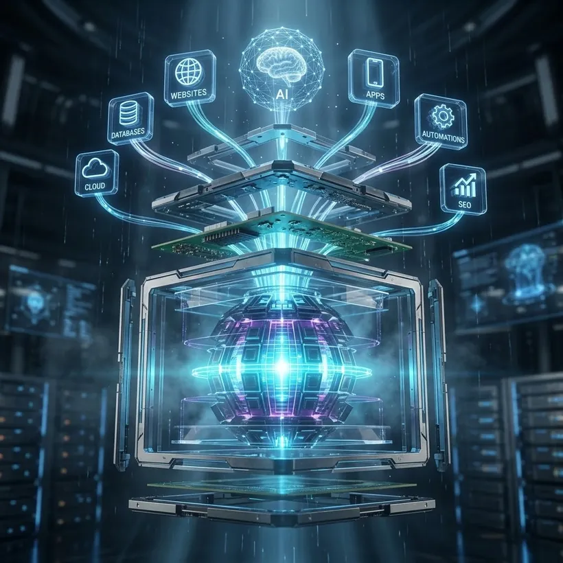 Glowing AI core connected to websites, apps, databases, cloud, automations and SEO